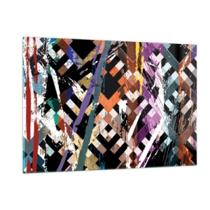 Quadro su vetro - Una composizione astratta con motivi geometrici e colori intensi. - 120x80cm - Elevato al quadrato - Decorazione murale moderna per soggiorno e camera da letto ARTTOR