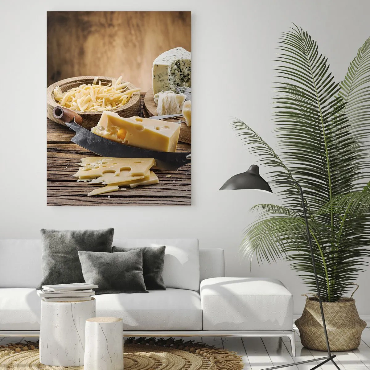 Quadro su vetro - Tagliere per formaggi con coltello su tavolo rustico - 50x70cm - Sorridi al formaggio - Decorazione murale moderna per soggiorno e camera da letto ARTTOR