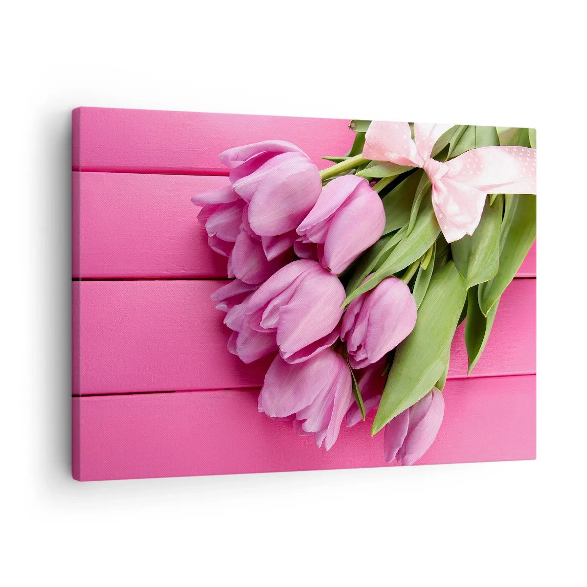 Quadro su tela - Stampe su Tela - Un mazzo di tulipani rosa con un fiocco su uno sfondo rosa - 70x50cm - Proprio per te - Decorazione murale moderna per soggiorno e camera da letto ARTTOR