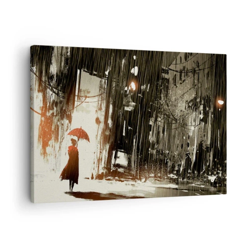 Quadro su tela - Stampe su Tela - Una figura rossa con un ombrello in una scena piovosa - 70x50cm - La poesia dell'ombrello rosso - Decorazione murale moderna per soggiorno e camera da letto ARTTOR