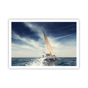 Poster - Una barca a vela su un mare in tempesta sotto un cielo azzurro - 100x70cm - Non ci raggiungeranno! - Decorazione murale moderna per soggiorno e camera da letto ARTTOR