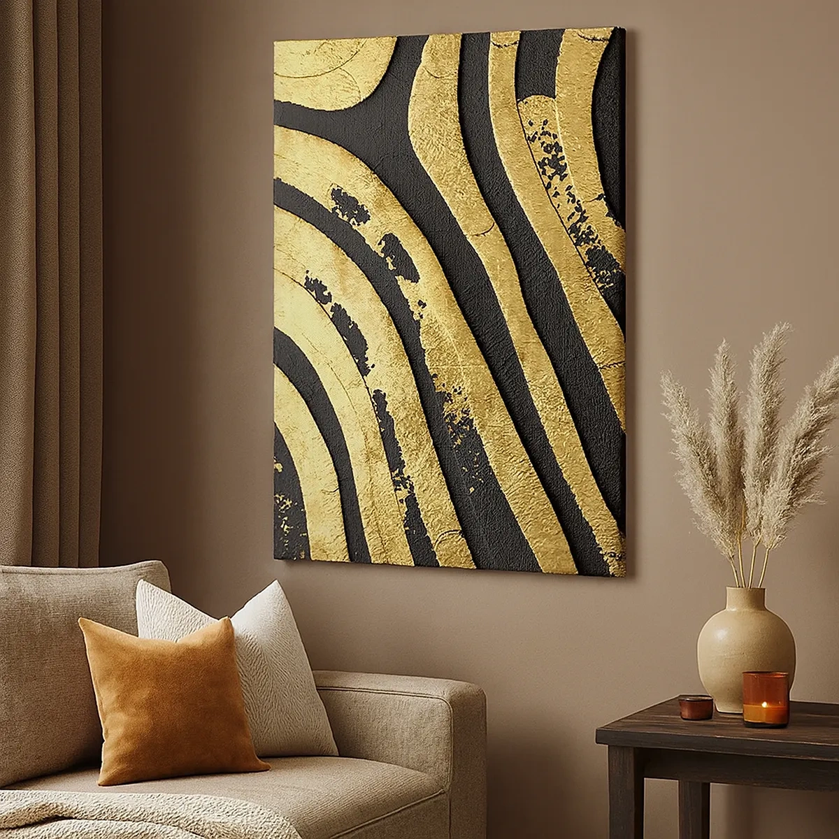 Quadro su tela - Stampe su Tela - Onde astratte dorate su sfondo nero - 50x70cm - Tutto scorre - Decorazione murale moderna per soggiorno e camera da letto ARTTOR