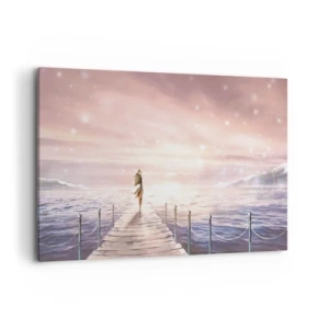 Quadro su tela - Stampe su Tela - Una donna su un molo in una magica cornice al tramonto - 120x80cm - Alla luce del sogno - Decorazione murale moderna per soggiorno e camera da letto ARTTOR
