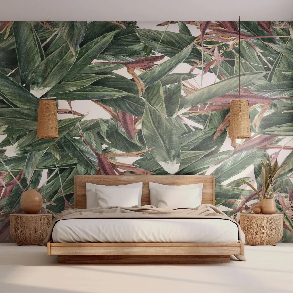 Fotomurali Premium Sand - Macchia smeraldo e lilla - Fiori, Hawaii, Foglie - 350x256 cm
