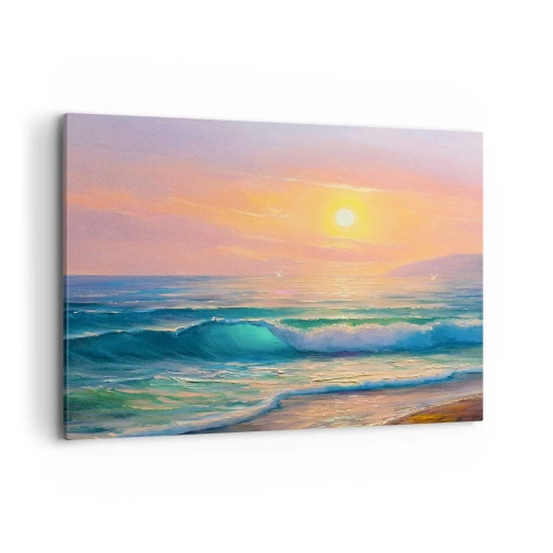 Quadro su tela - Stampe su Tela - Paesaggio marino con tramonto - 100x70cm - Il canto turchese delle onde - Decorazione murale moderna per soggiorno e camera da letto ARTTOR