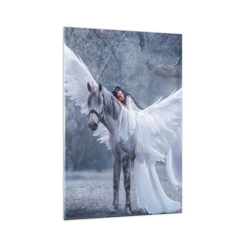 Quadro su vetro - Una donna su un cavallo bianco con le ali in una foresta magica - 70x100cm - Momento ispirato - Decorazione murale moderna per soggiorno e camera da letto ARTTOR
