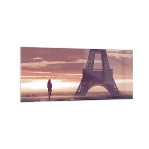 Quadro su vetro - Una figura che guarda la Torre Eiffel alla luce del sole al tramonto - 120x50cm - Solo loro due - Decorazione murale moderna per soggiorno e camera da letto ARTTOR