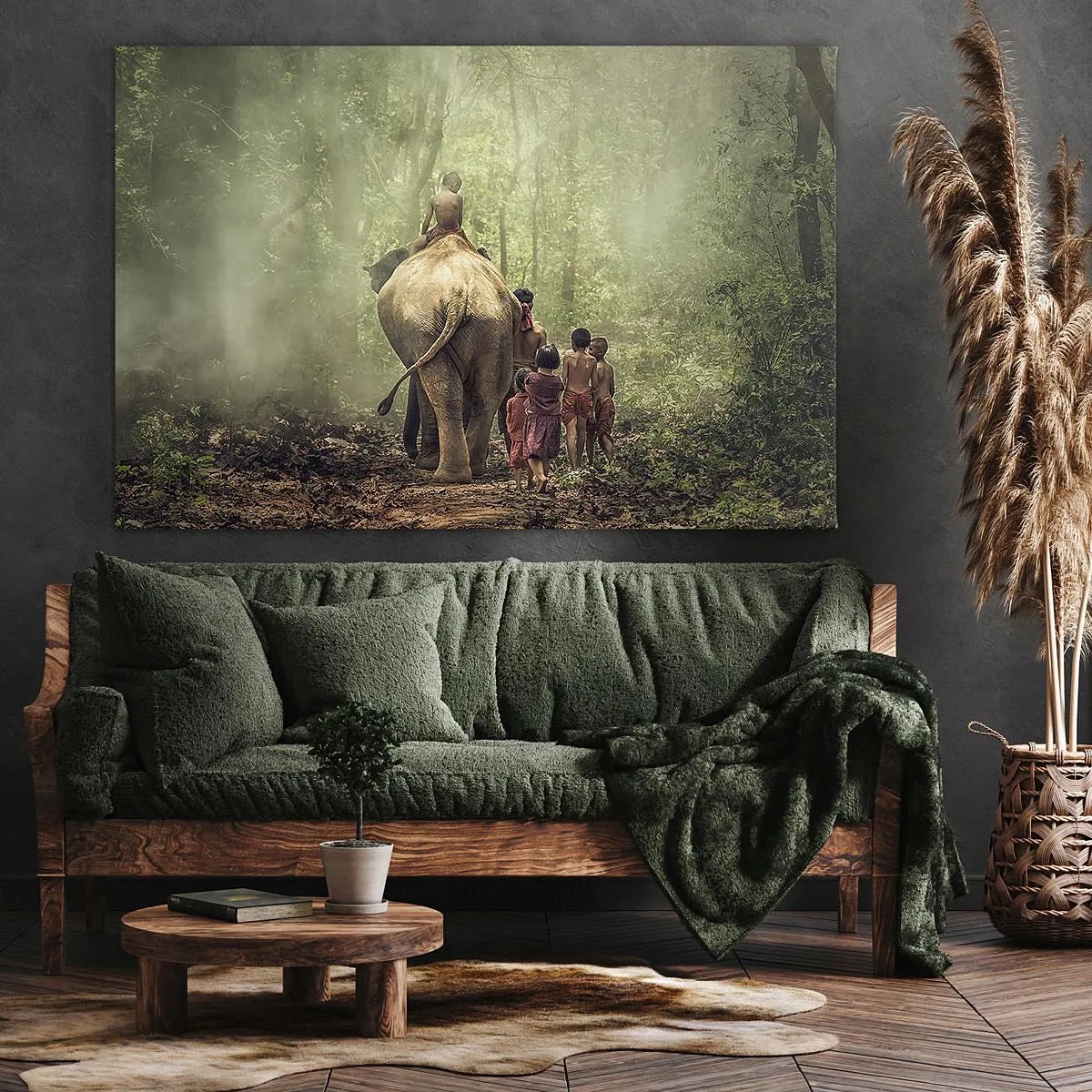 Quadro su tela - Stampe su Tela - Bambini con un elefante in una foresta verde alla luce del mattino - 70x50cm - Il nuovo Libro della Giungla - Decorazione murale moderna per soggiorno e camera da letto ARTTOR