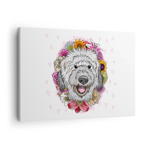 Quadro su tela - Stampe su Tela - Un cane circondato da fiori colorati - 70x50cm - Gioia di cucciolo - Decorazione murale moderna per soggiorno e camera da letto ARTTOR