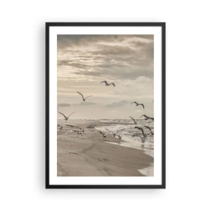 Poster in cornice nera - Gabbiani che volteggiano sulla riva del mare sotto un cielo nuvoloso - 50x70cm - Brusio del mare, canto degli uccelli - Decorazione murale moderna per soggiorno e camera da letto ARTTOR