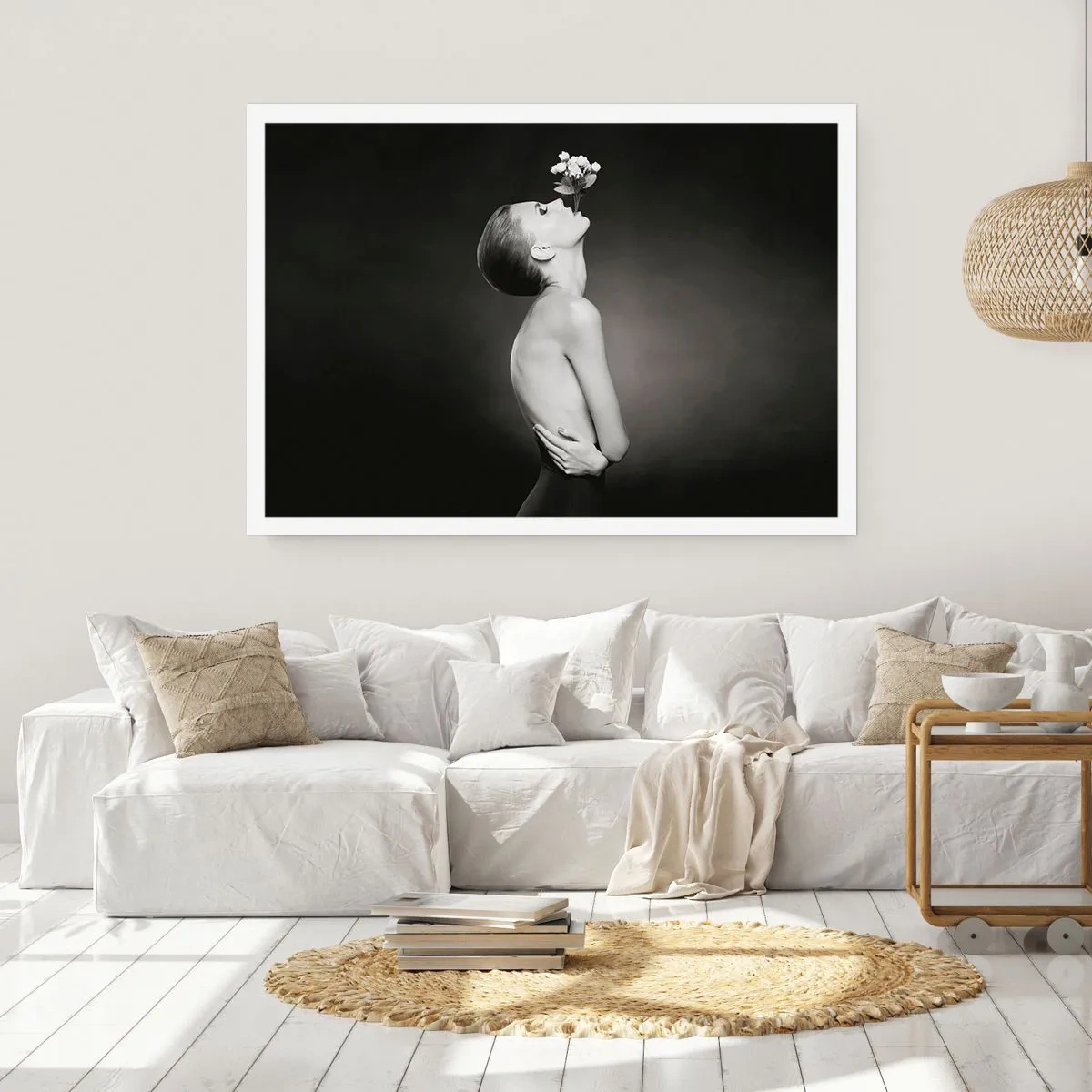 Poster - Silhouette in bianco e nero di una donna con un fiore - 100x70cm - Eleganza eccentrica - Decorazione murale moderna per soggiorno e camera da letto ARTTOR