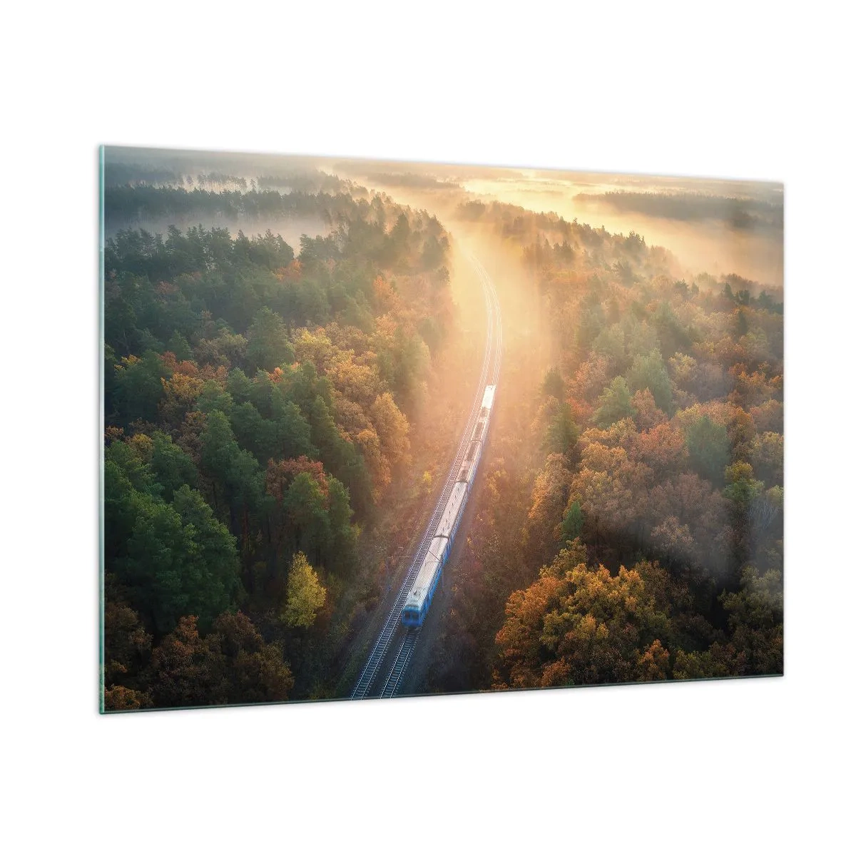 Quadro su vetro - Un treno in un pittoresco scenario autunnale, pieno di calore e nostalgia - 100x70cm - Viaggio autunnale - Decorazione murale moderna per soggiorno e camera da letto ARTTOR
