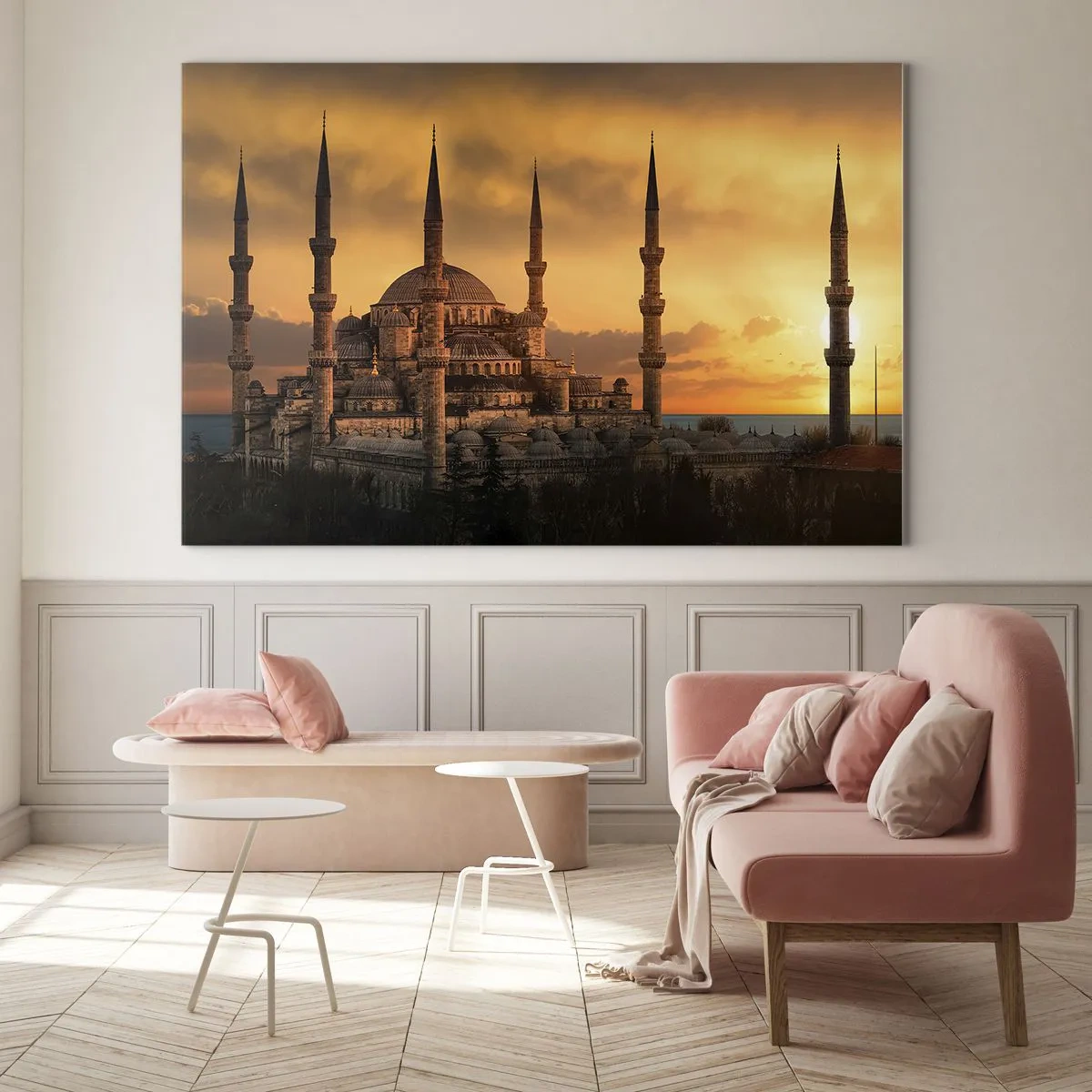 Quadro su vetro - La Moschea Blu sullo sfondo del tramonto - 70x50cm - Dio è grande - Decorazione murale moderna per soggiorno e camera da letto ARTTOR