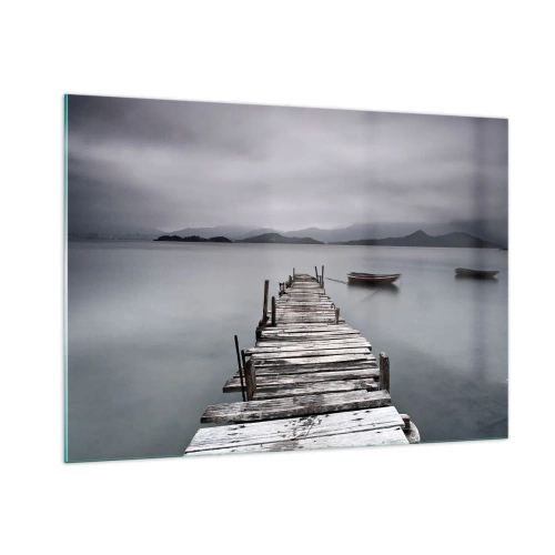 Quadro su vetro - Un molo di legno su un lago in una giornata nebbiosa - 100x70cm - Domani puoi partire - Decorazione murale moderna per soggiorno e camera da letto ARTTOR