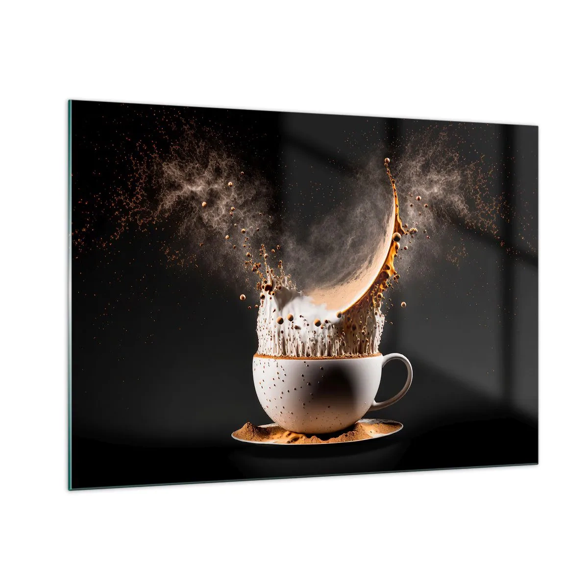 Quadro su vetro - Spruzzare caffè con latte in uno scatto dinamico - 100x70cm - Esplosione di sapore - Decorazione murale moderna per soggiorno e camera da letto ARTTOR