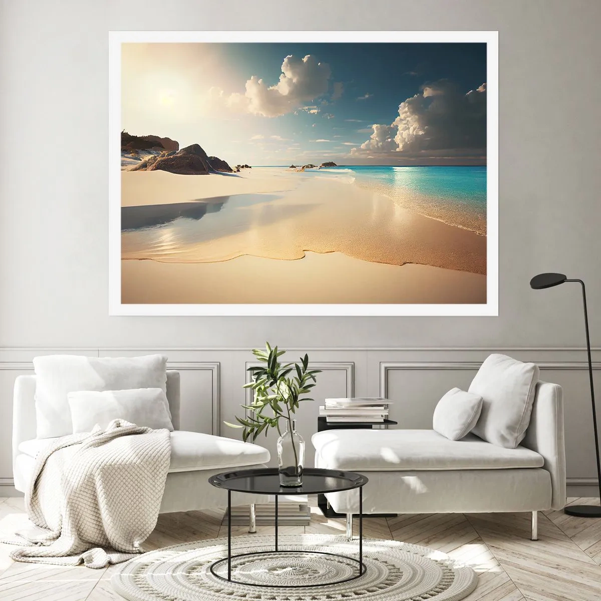 Poster - Una spiaggia soleggiata con mare azzurro e rocce - 100x70cm - Giornata ideale - Decorazione murale moderna per soggiorno e camera da letto ARTTOR