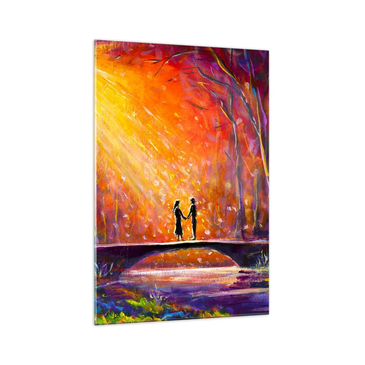 Quadro su vetro - Coppia romantica su un ponte nella foresta autunnale - 70x100cm - Anche il cielo li ama - Decorazione murale moderna per soggiorno e camera da letto ARTTOR