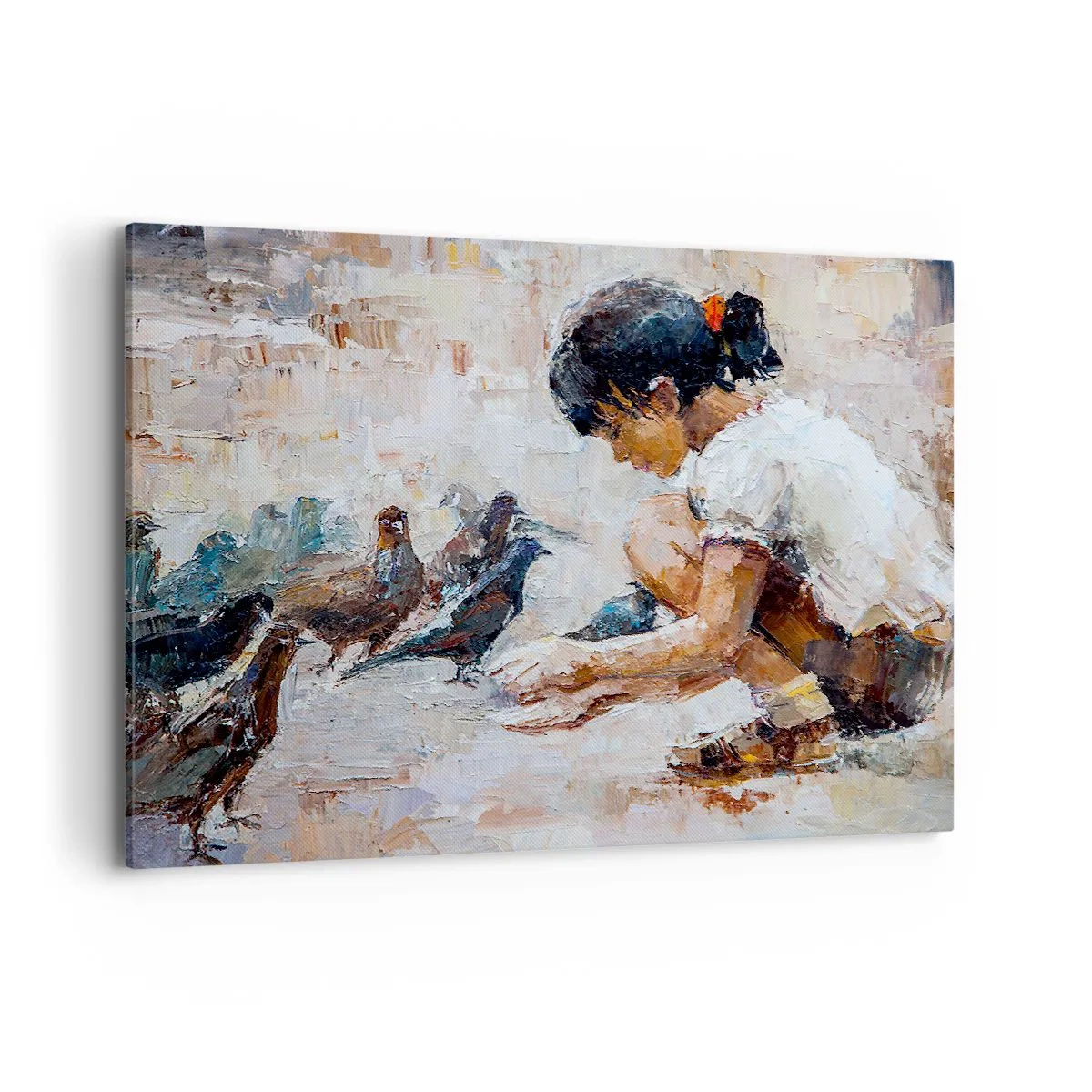 Quadro su tela - Stampe su Tela - Una ragazza che dà da mangiare agli uccelli in stile pittorico - 120x80cm - Piccoli e gentili - Decorazione murale moderna per soggiorno e camera da letto ARTTOR