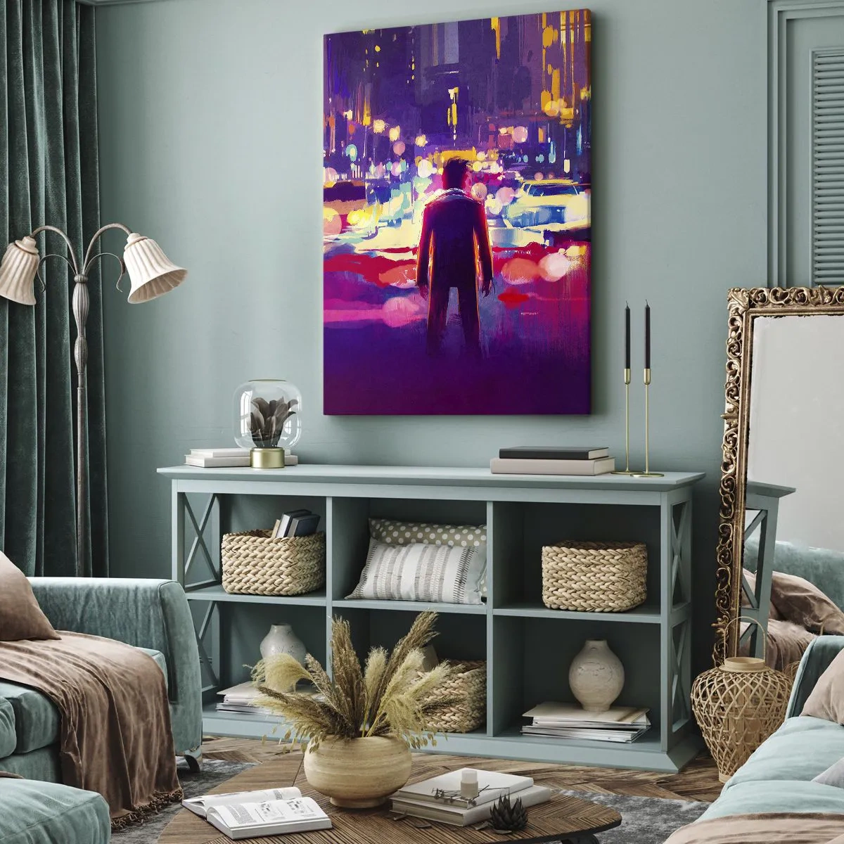 Quadro su tela - Stampe su Tela - Un uomo in una scena notturna di una città al neon - 70x100cm - Immerso nella luce - Decorazione murale moderna per soggiorno e camera da letto ARTTOR