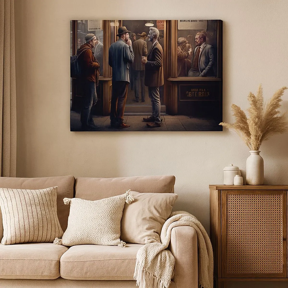 Quadro su tela - Stampe su Tela - Scena di strada con persone davanti a un caffè retrò - 70x50cm - Il buon momento della giornata - Decorazione murale moderna per soggiorno e camera da letto ARTTOR