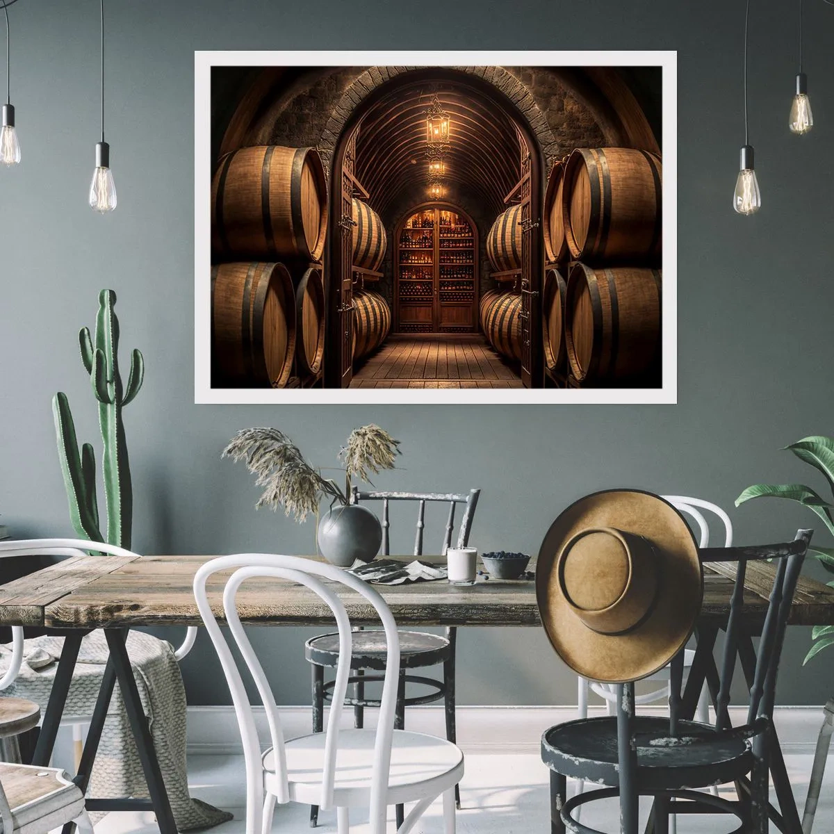 Poster - Cantina con botti di legno e scaffali per il vino - 100x70cm - L'atmosfera della cantina - Decorazione murale moderna per soggiorno e camera da letto ARTTOR