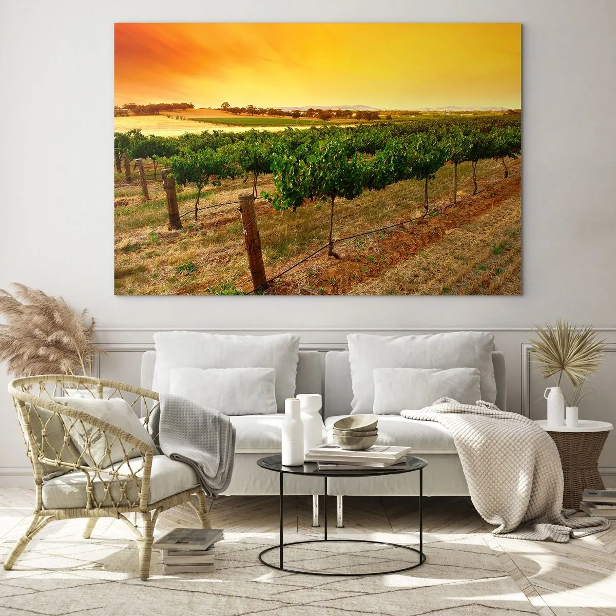 Quadro su vetro - Viti nella calda luce del sole al tramonto - 120x80cm - Ubriacarsi di sole - Decorazione murale moderna per soggiorno e camera da letto ARTTOR