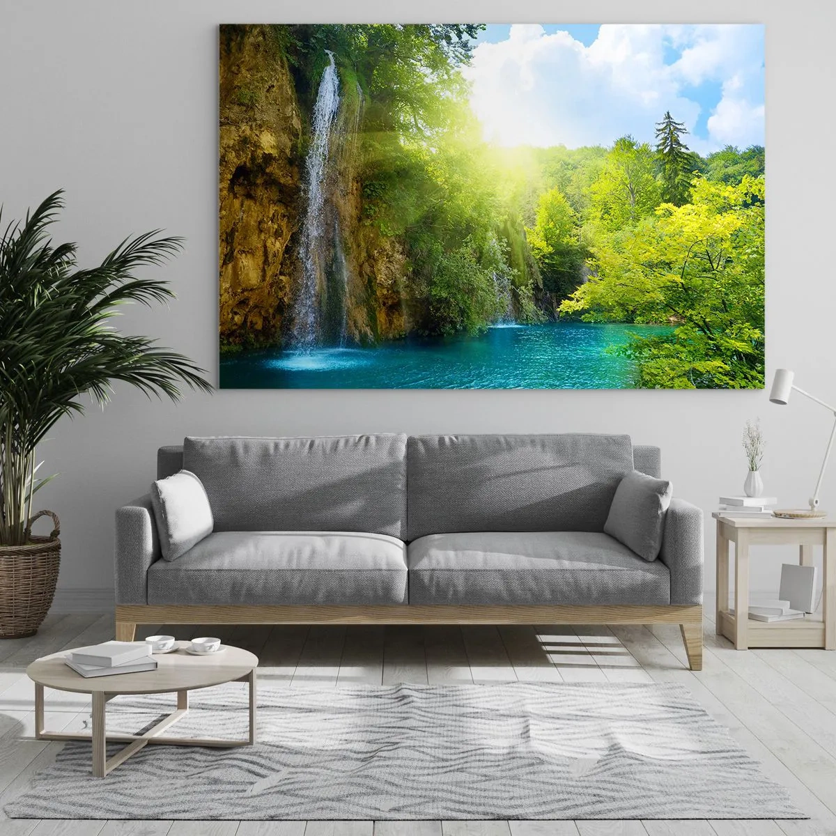 Quadro su vetro - Una cascata che sfocia in un lago blu circondato dal verde - 100x70cm - Così deve essere il paradiso - Decorazione murale moderna per soggiorno e camera da letto ARTTOR