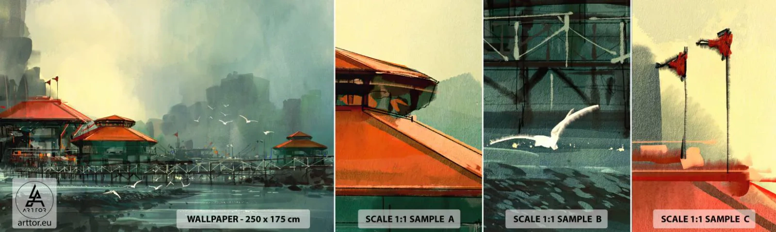 Campione di Fotomurale Adesivo Deluxe Sticker - Giornata di pioggia al porto - Città portuale, Architettura, Mare - 100x30 cm