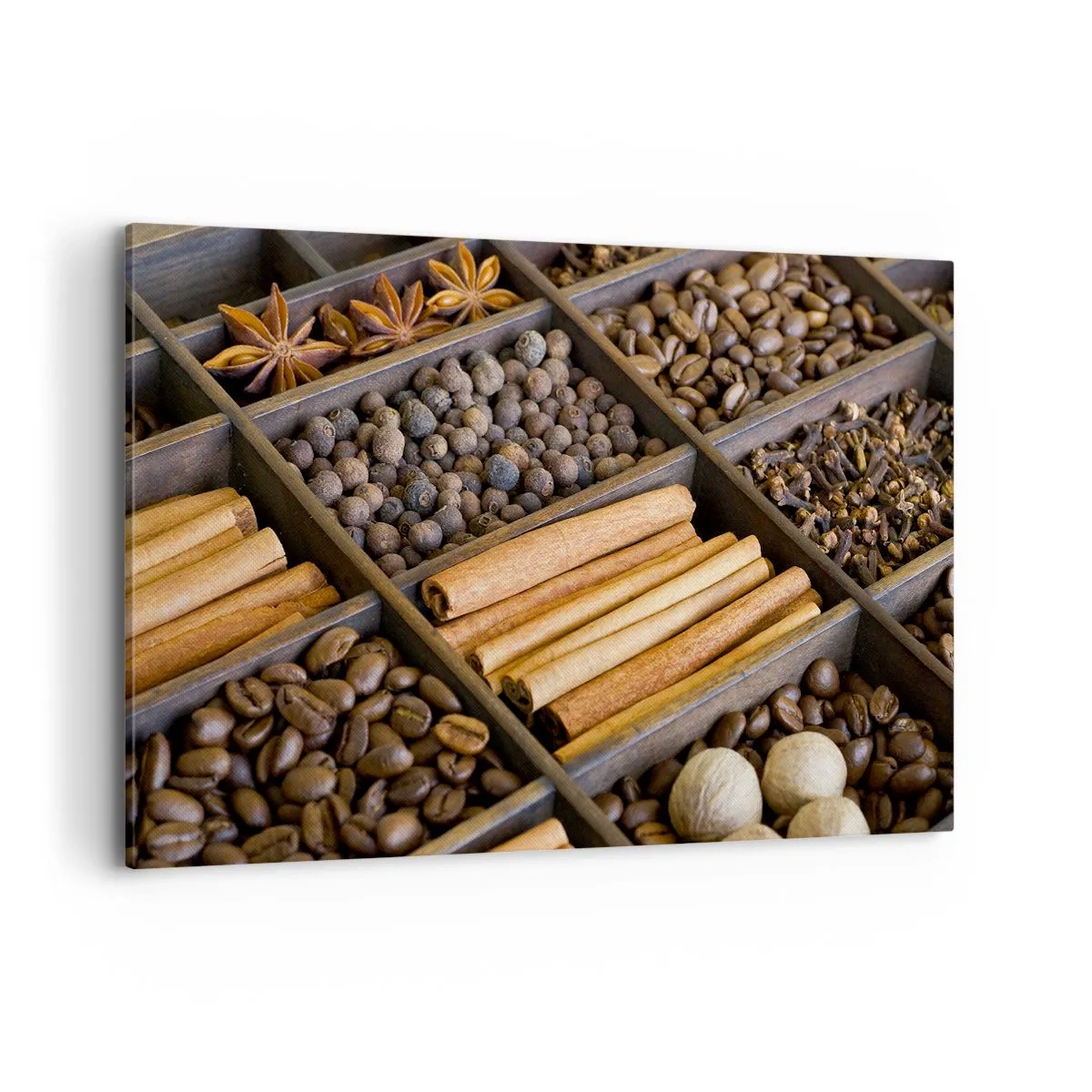 Quadro su tela - Stampe su Tela - Spezie e caffè in scomparti di legno - 120x80cm - Il tesoro degli aromi - Decorazione murale moderna per soggiorno e camera da letto ARTTOR