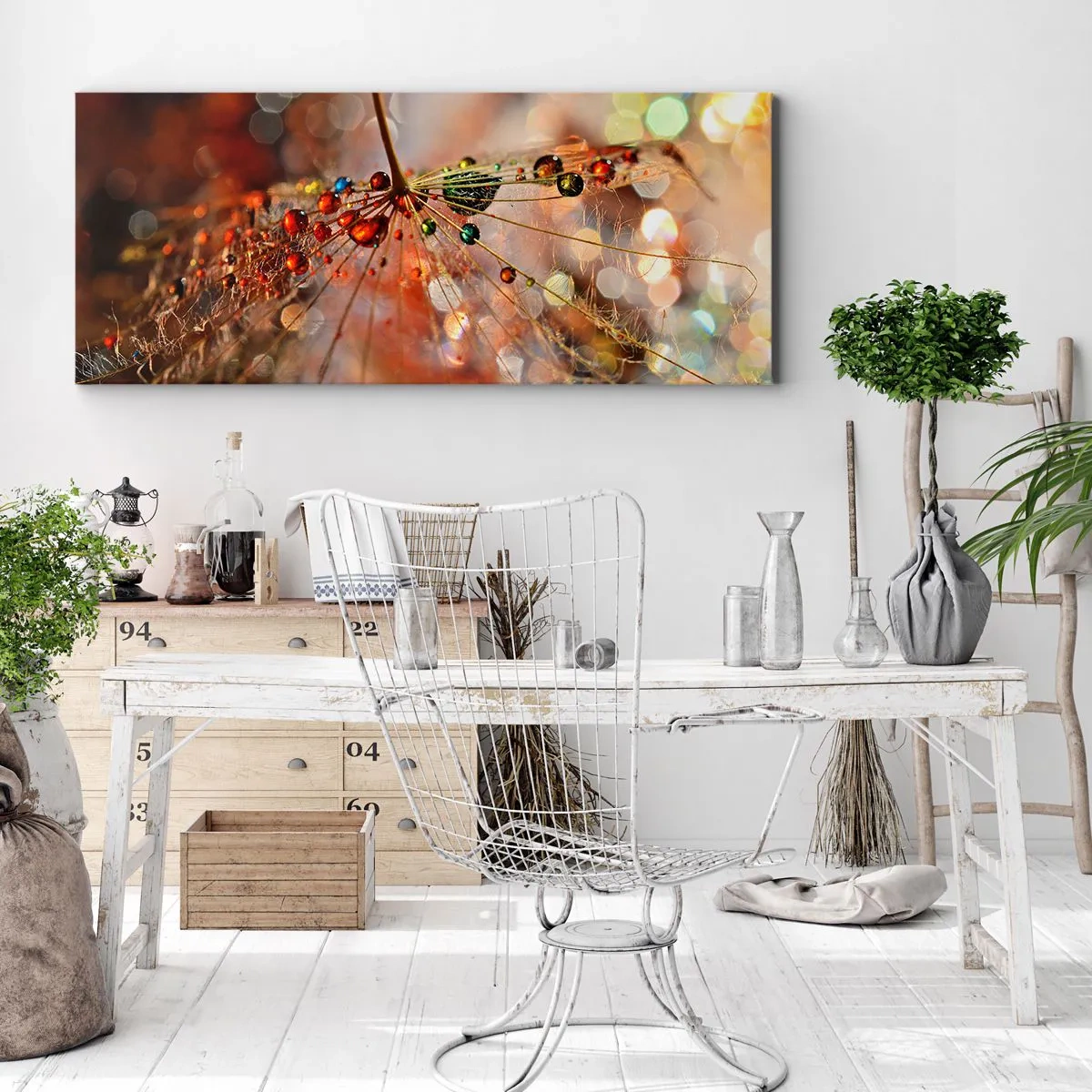 Quadro su tela - Stampe su Tela - Macrofotografia di una goccia d'acqua su una pianta delicata - 140x50cm - Posate sulla ragnatela - Decorazione murale moderna per soggiorno e camera da letto ARTTOR