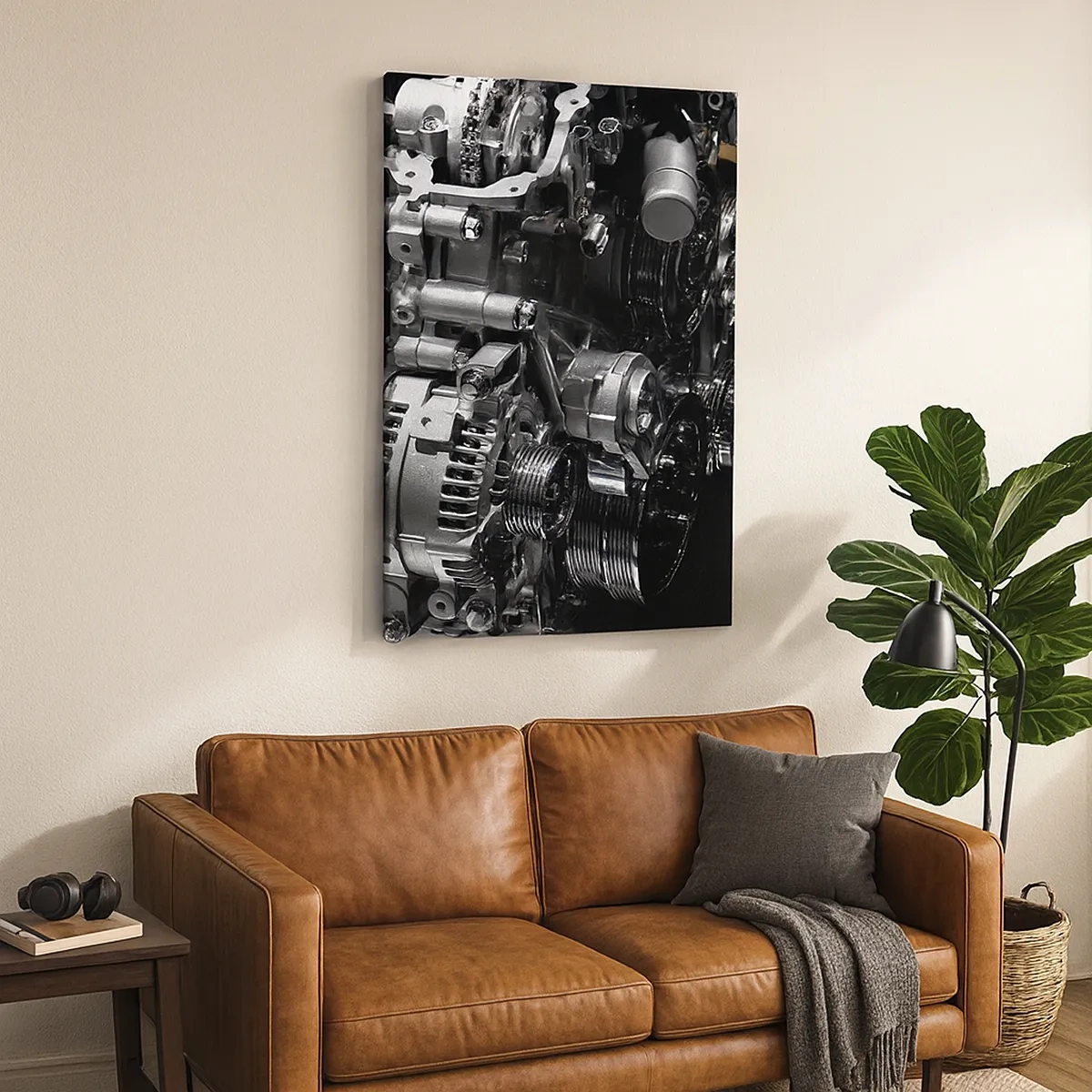 Quadro su tela - Stampe su Tela - Primo piano delle parti metalliche del motore su uno sfondo nero - 50x70cm - D'acciaio, bello, forte - Decorazione murale moderna per soggiorno e camera da letto ARTTOR