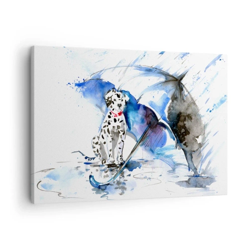 Quadro su tela - Stampe su Tela - Dipinto ad acquerello di un cane dalmata con un ombrello sullo sfondo - 70x50cm - Ecco a cosa serve un amico - Decorazione murale moderna per soggiorno e camera da letto ARTTOR