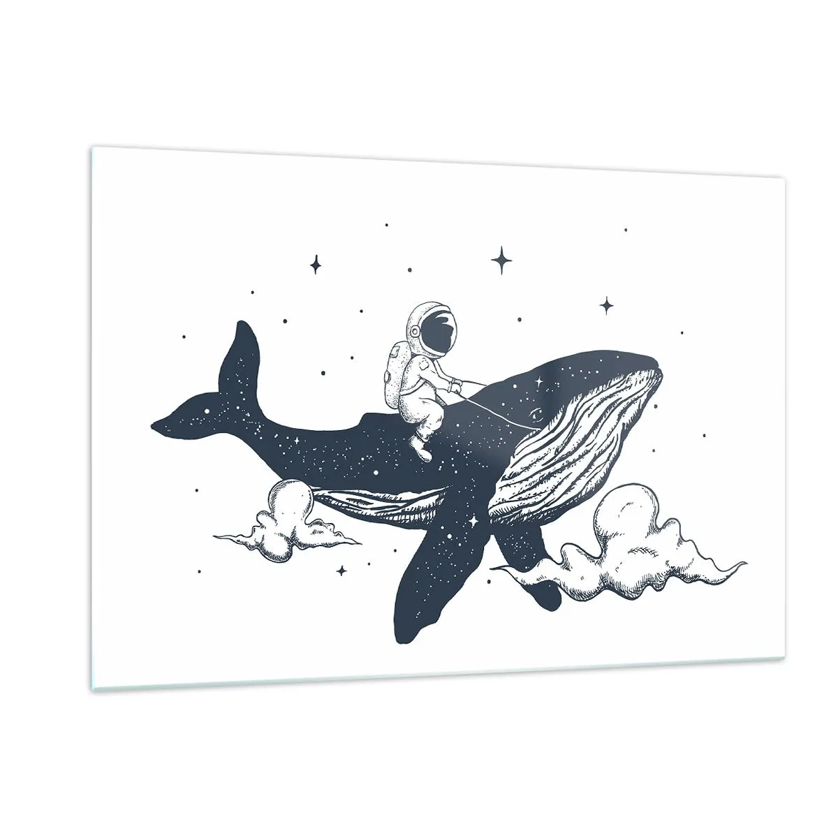 Quadro su vetro - Astronauta a cavallo di una balena tra stelle e nuvole - 120x80cm - Avventura nello spazio - Decorazione murale moderna per soggiorno e camera da letto ARTTOR