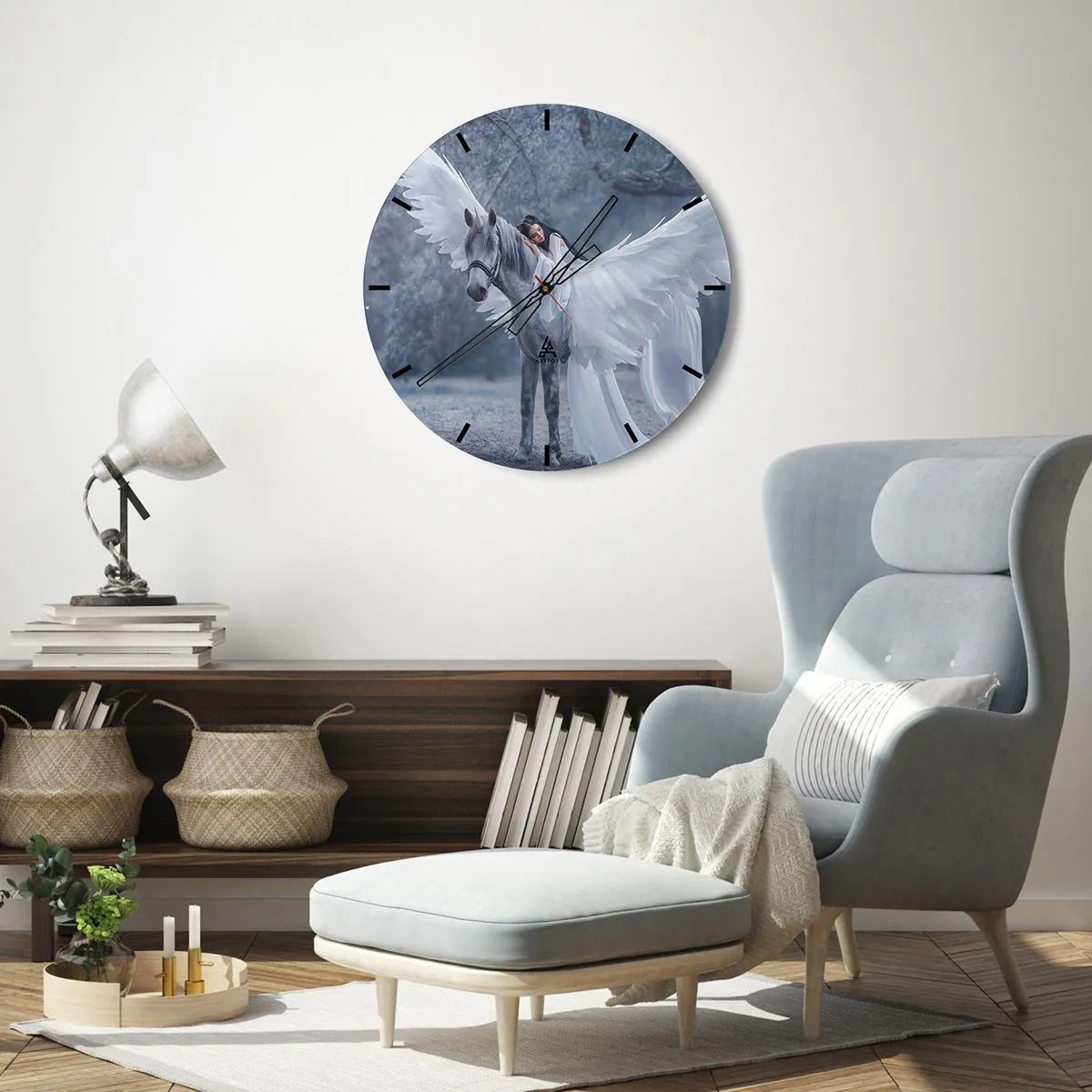 Orologio da parete - Orologio in Vetro - Una donna su un cavallo bianco con le ali spiegate - 30x30cm - Momento ispirato - Decorazione murale moderna per soggiorno, cucina e camera da letto ARTTOR