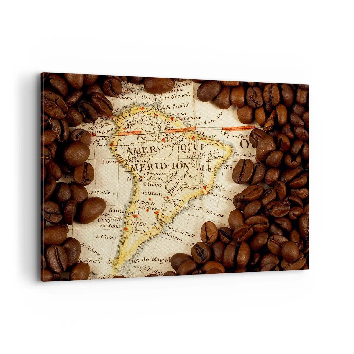 Quadro su tela - Stampe su Tela - Una mappa del Sud America circondata da chicchi di caffè. - 100x70cm - Da dove viene il miglior caffè? - Decorazione murale moderna per soggiorno e camera da letto ARTTOR