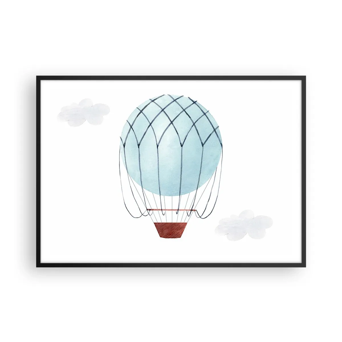 Poster in cornice nera - Un palloncino dipinto a mano su uno sfondo di nuvole delicate. - 100x70cm - In mezzo alle nuvole - Decorazione murale moderna per soggiorno e camera da letto ARTTOR