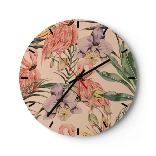 Orologio da parete - Orologio in Vetro - Fenicotteri e fiori su sfondo beige - 30x30cm - Un ballo rosa nei fiori - Decorazione murale moderna per soggiorno, cucina e camera da letto ARTTOR