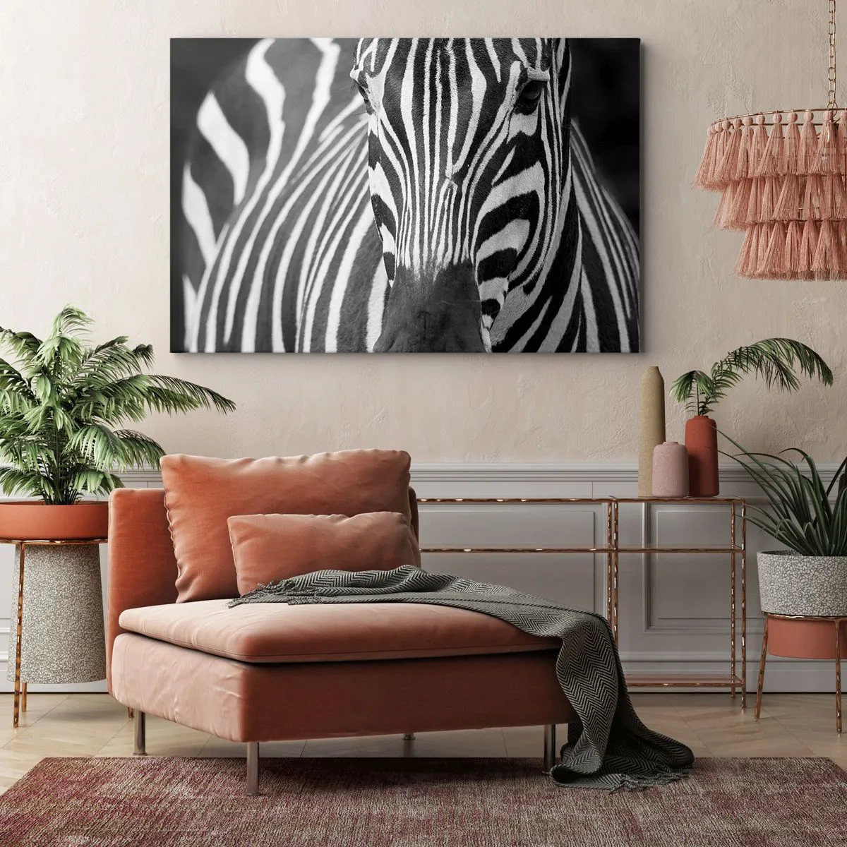 Quadro su tela - Stampe su Tela - Primo piano in bianco e nero di una zebra con le sue strisce distintive. - 70x50cm - Il mondo è in bianco e nero - Decorazione murale moderna per soggiorno e camera da letto ARTTOR