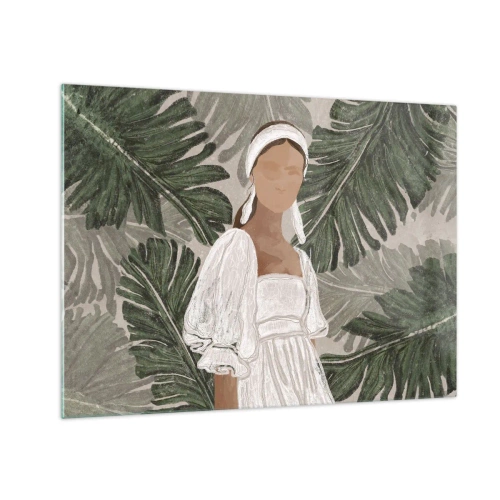 Quadro su vetro - Una donna con un abito bianco su uno sfondo di foglie tropicali verdi. - 70x50cm - Ritratto esotico - Decorazione murale moderna per soggiorno e camera da letto ARTTOR