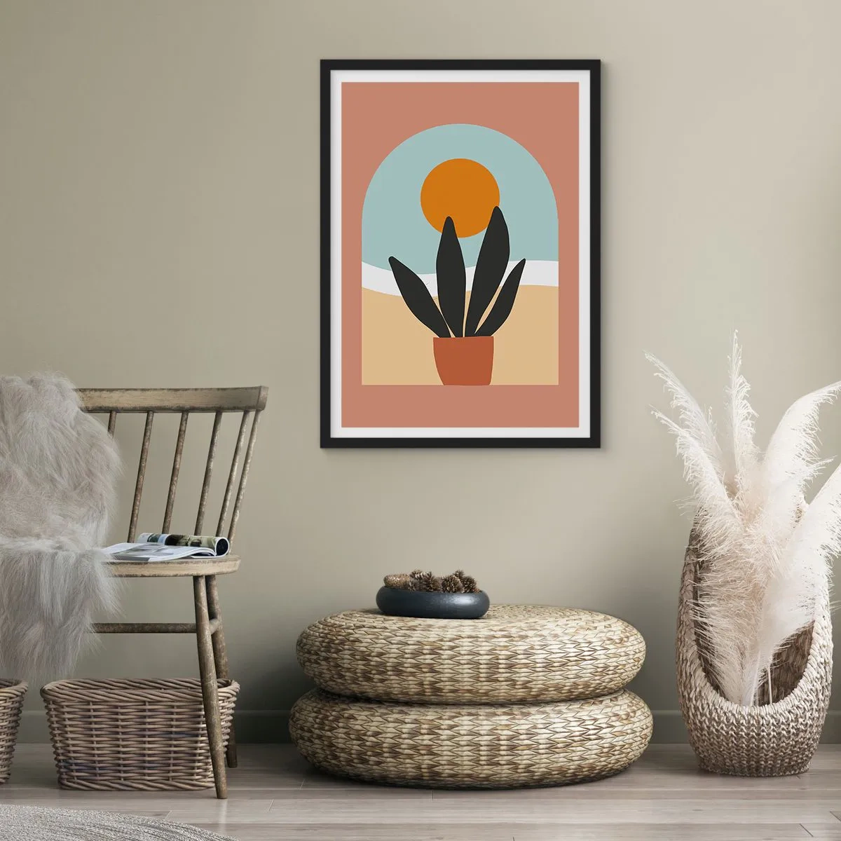 Poster in cornice nera - Una pianta in vaso davanti a un arco con un tramonto sullo sfondo - 50x70cm - Piccole gioie - Decorazione murale moderna per soggiorno e camera da letto ARTTOR
