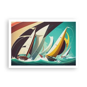 Poster - Un'illustrazione dinamica di barche a vela in un mare in tempesta. - 100x70cm - Compagne degli elementi - Decorazione murale moderna per soggiorno e camera da letto ARTTOR