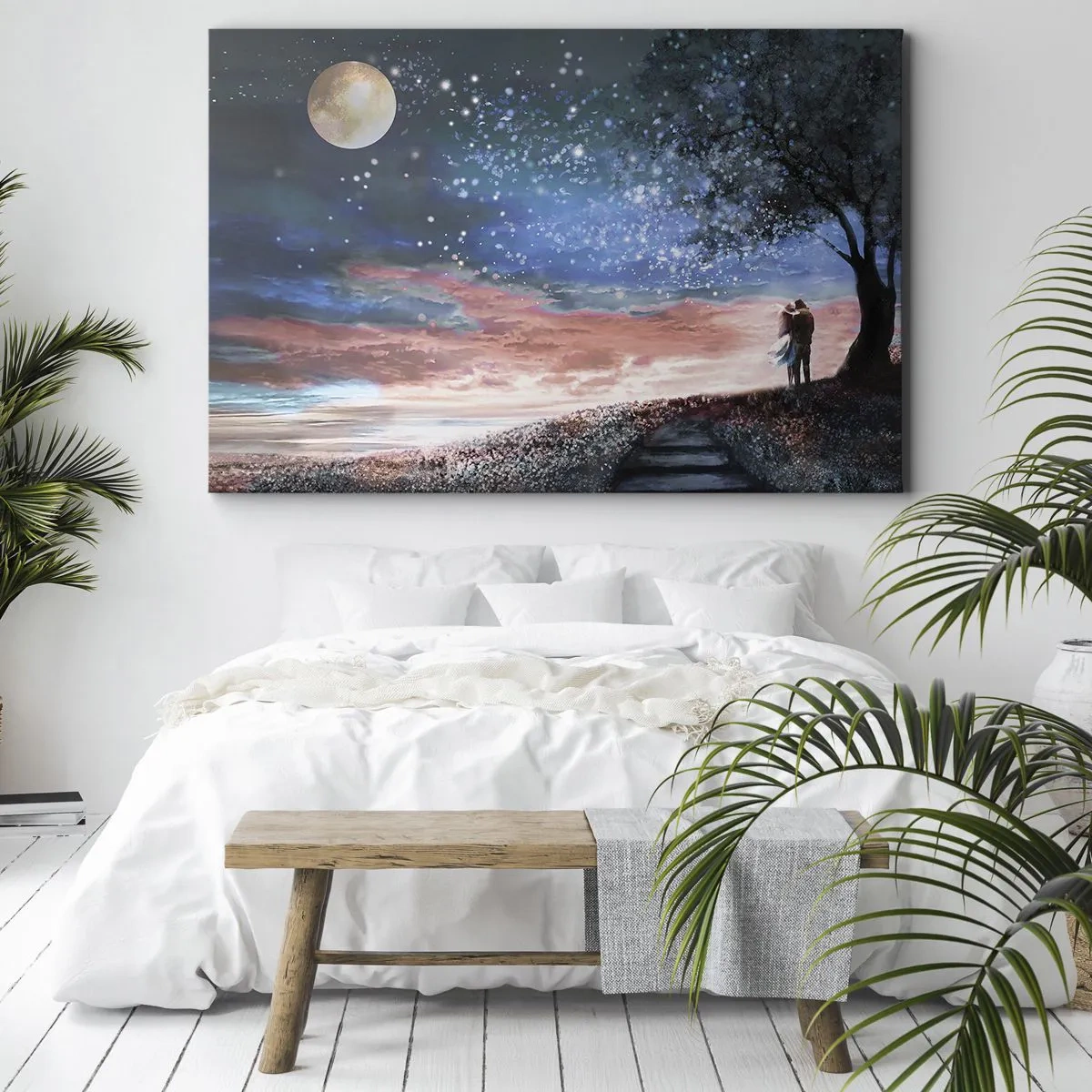 Quadro su tela - Stampe su Tela - Scena romantica di coppia sotto la luna piena - 70x50cm - Lo spettacolo delle stelle - Decorazione murale moderna per soggiorno e camera da letto ARTTOR