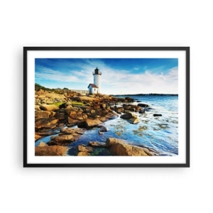 Poster in cornice nera - Un faro su una costa rocciosa in una giornata di sole - 70x50cm - Tornate sani e salvi, vi aspetto - Decorazione murale moderna per soggiorno e camera da letto ARTTOR