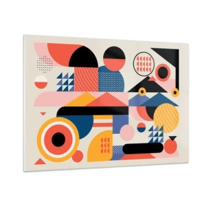 Quadro su vetro - Astrazione geometrica colorata con cerchi e triangoli - 100x70cm - Composizione: divertiti - Decorazione murale moderna per soggiorno e camera da letto ARTTOR
