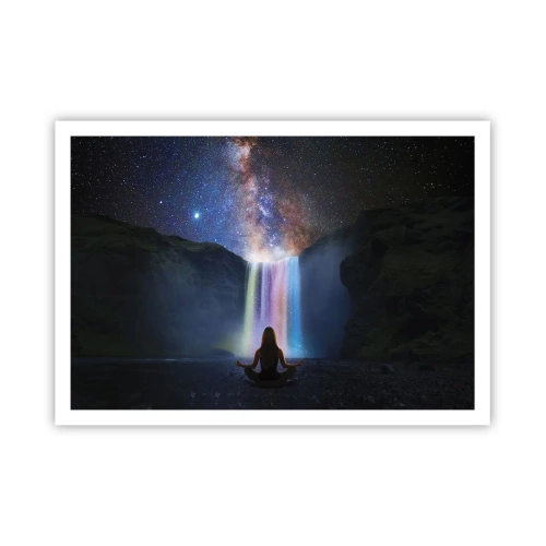 Poster - Meditazione davanti a una cascata tra le stelle - 100x70cm - Armonia assoluta - Decorazione murale moderna per soggiorno e camera da letto ARTTOR