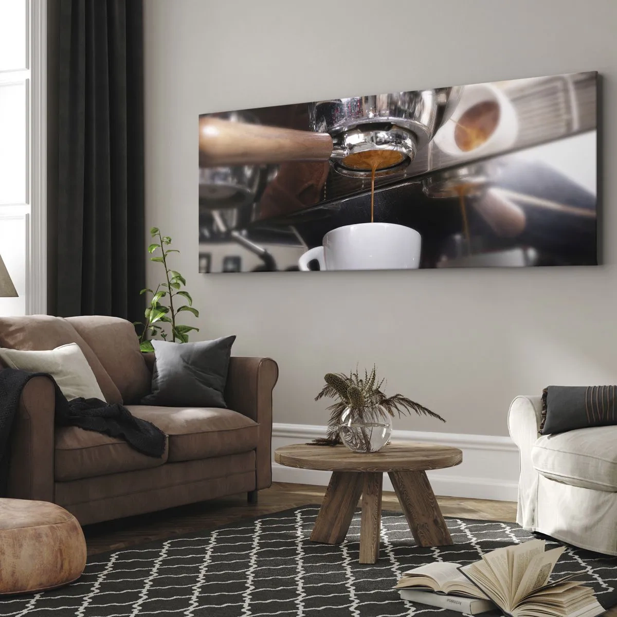 Quadro su tela - Stampe su Tela - Primo piano di una macchina da caffè che prepara un espresso fresco - 140x50cm - Il miglior momento della giornata - Decorazione murale moderna per soggiorno e camera da letto ARTTOR