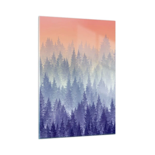 Quadro su vetro - Misteriosa foresta di conifere nelle tonalità pastello del mattino - 50x70cm - Alto, più in alto, fino al cielo - Decorazione murale moderna per soggiorno e camera da letto ARTTOR