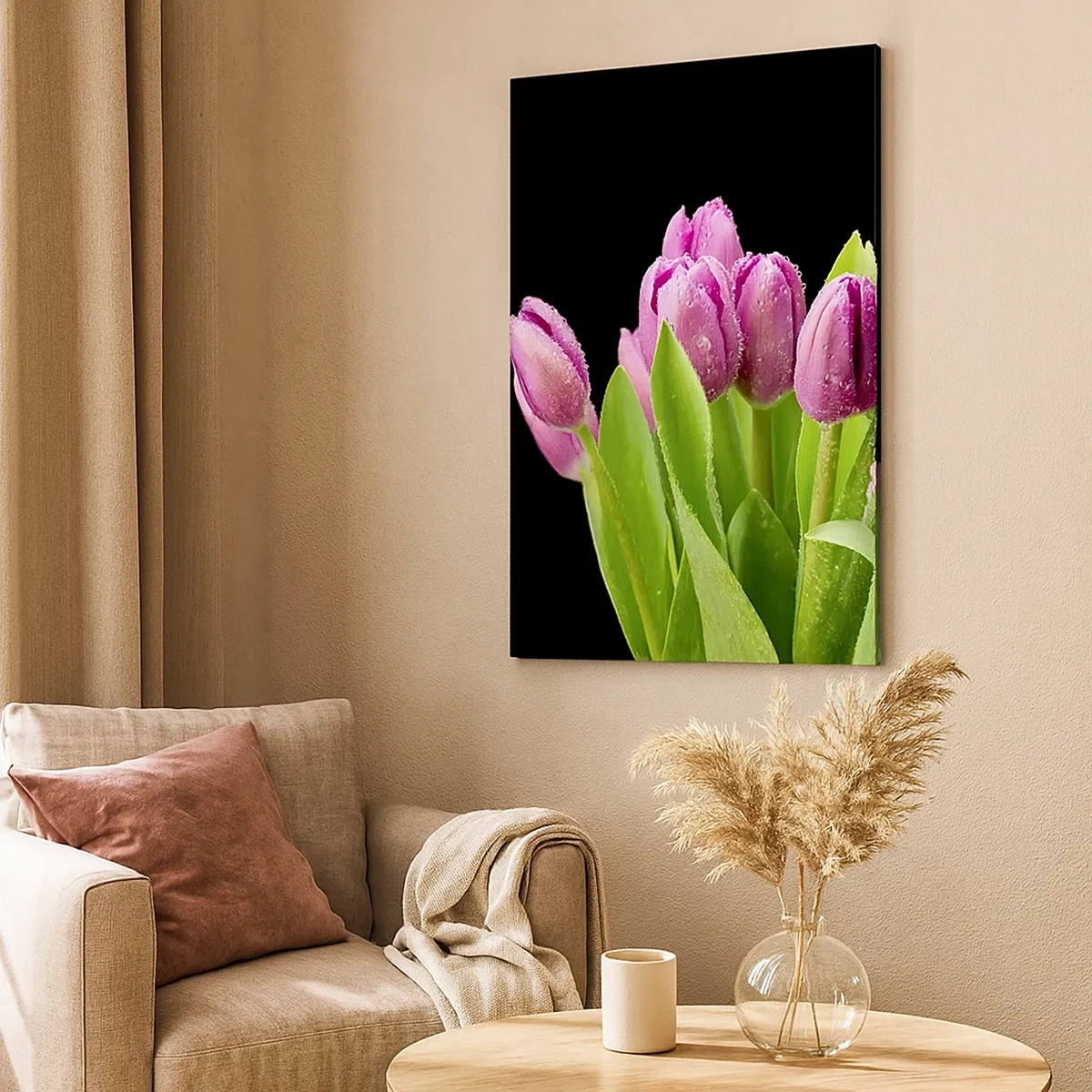 Quadro su tela - Stampe su Tela - Tulipani rosa con gocce di rugiada su sfondo nero - 50x70cm - Gioia lilla della primavera - Decorazione murale moderna per soggiorno e camera da letto ARTTOR