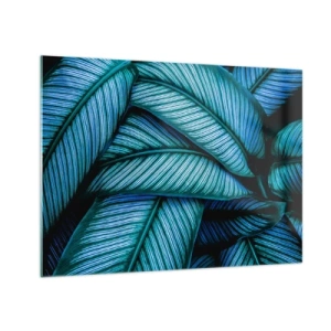 Quadro su vetro - Primo piano di foglie color turchese dalla consistenza intensa. - 70x50cm - Le linee della vita - Decorazione murale moderna per soggiorno e camera da letto ARTTOR