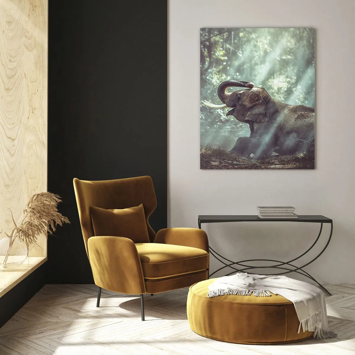 Quadro su vetro - Un ragazzo con un libro e un elefante in una foresta - 50x70cm - Ascoltalo… - Decorazione murale moderna per soggiorno e camera da letto ARTTOR